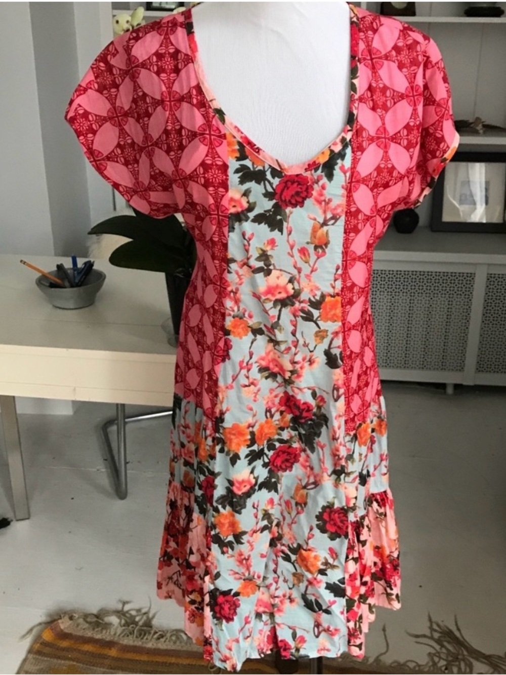 Sundance Red & Light Blue Floral Patchwork Midi Dress